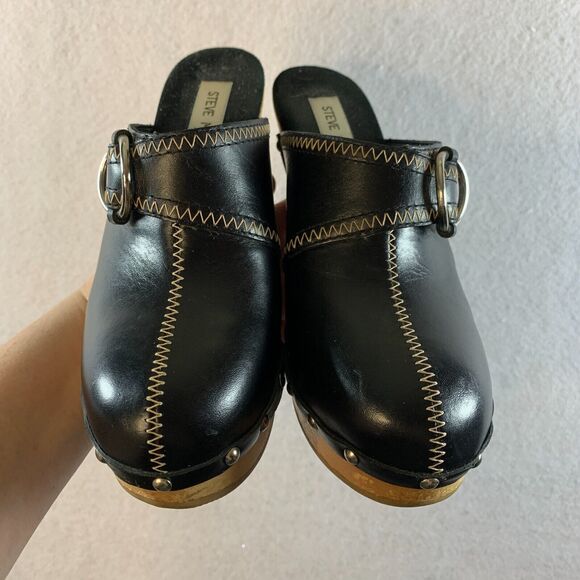VTG 00s Steve Madden Women Y2K Wooden Platform Clogs Sz 6 Black Leather Studded - Picture 5 of 16